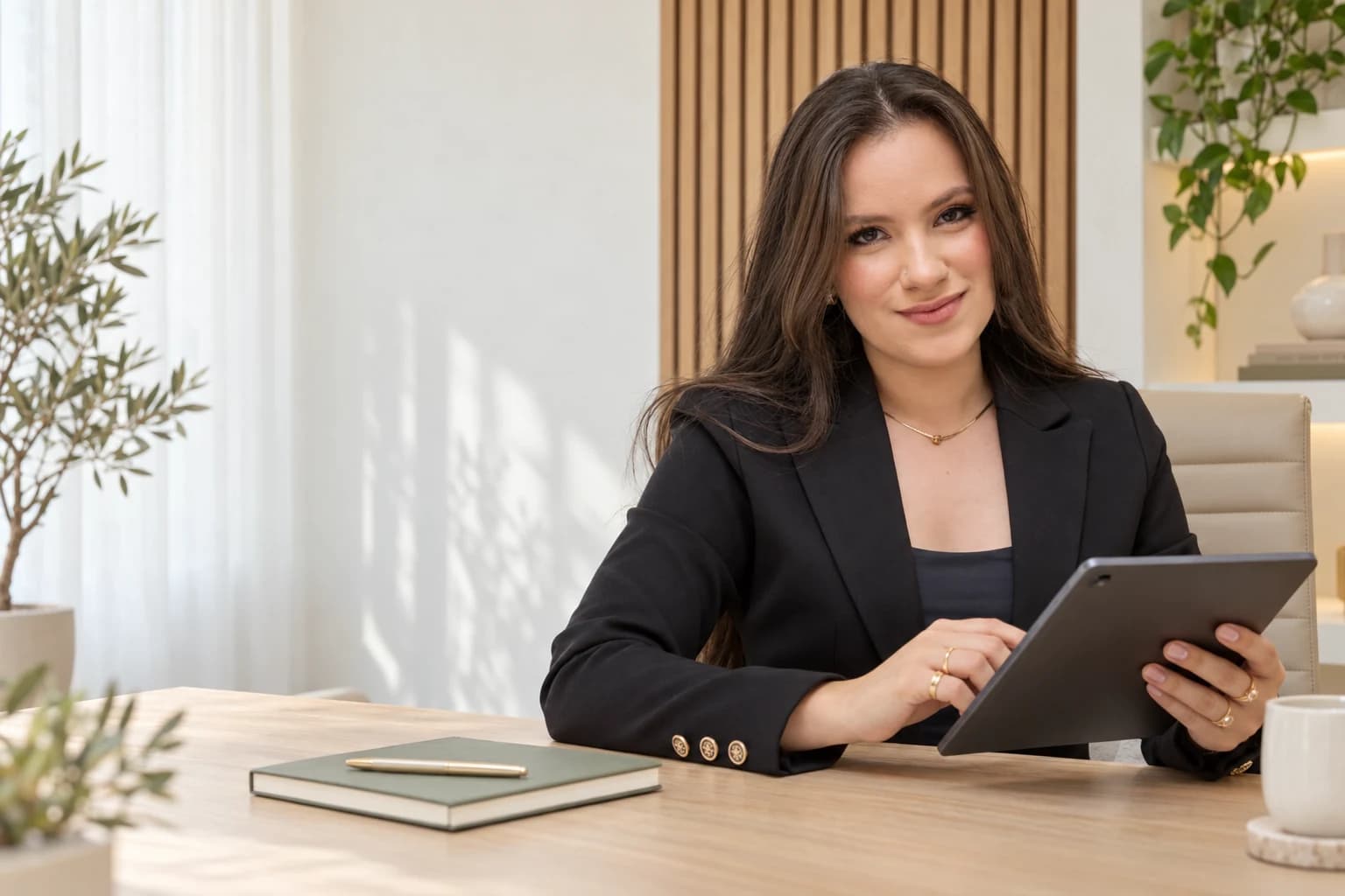 Gabrielle sentada à mesa no consultório