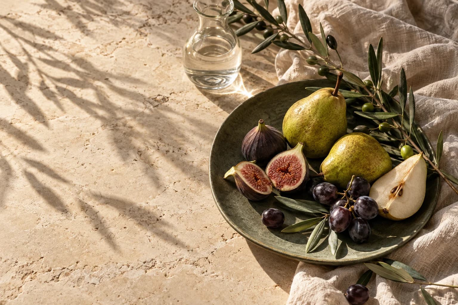 Pera, figos e uvas em uma composição à mesa